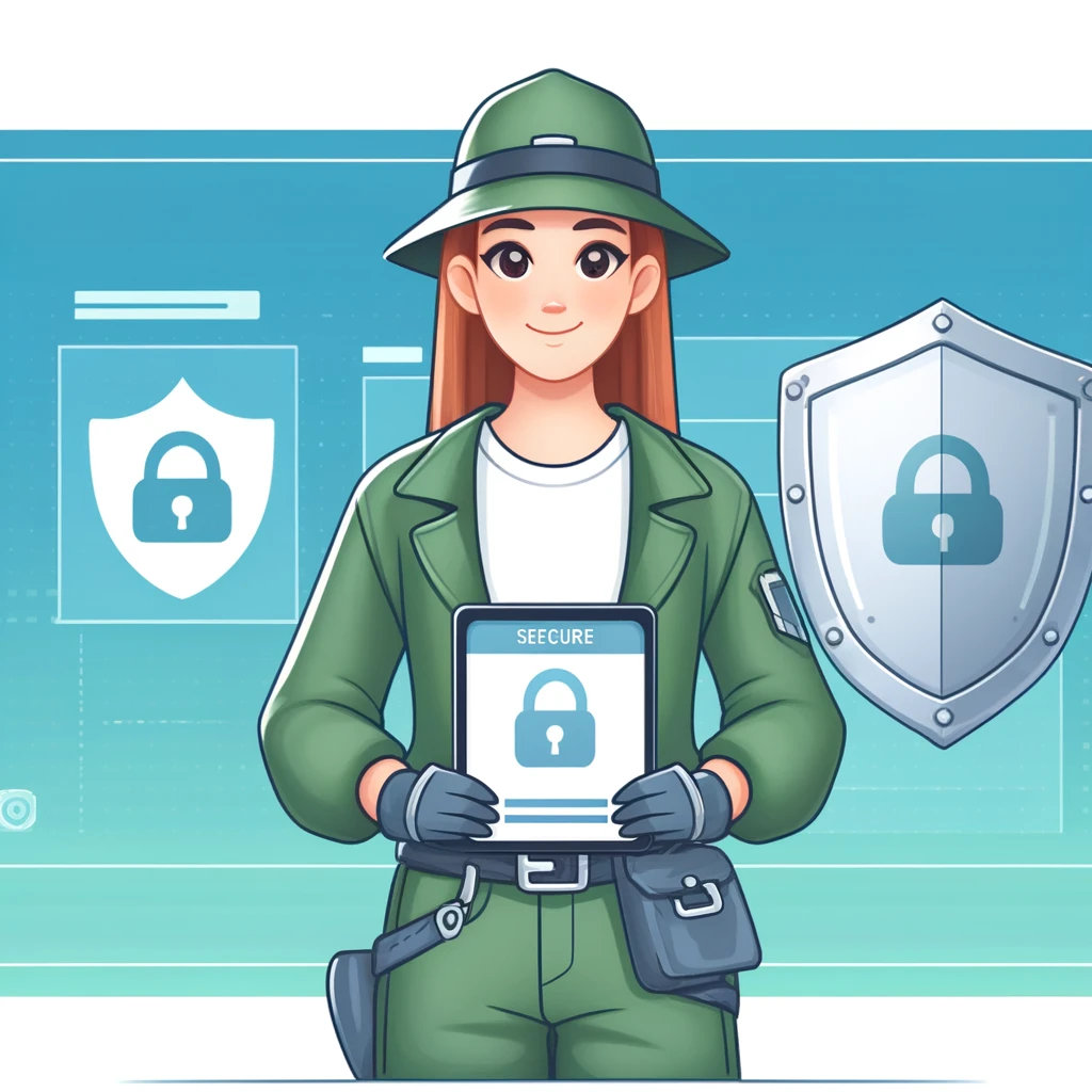 cartoon girl holding an iPad with a lock depicting the human aspect of the huntress tool 